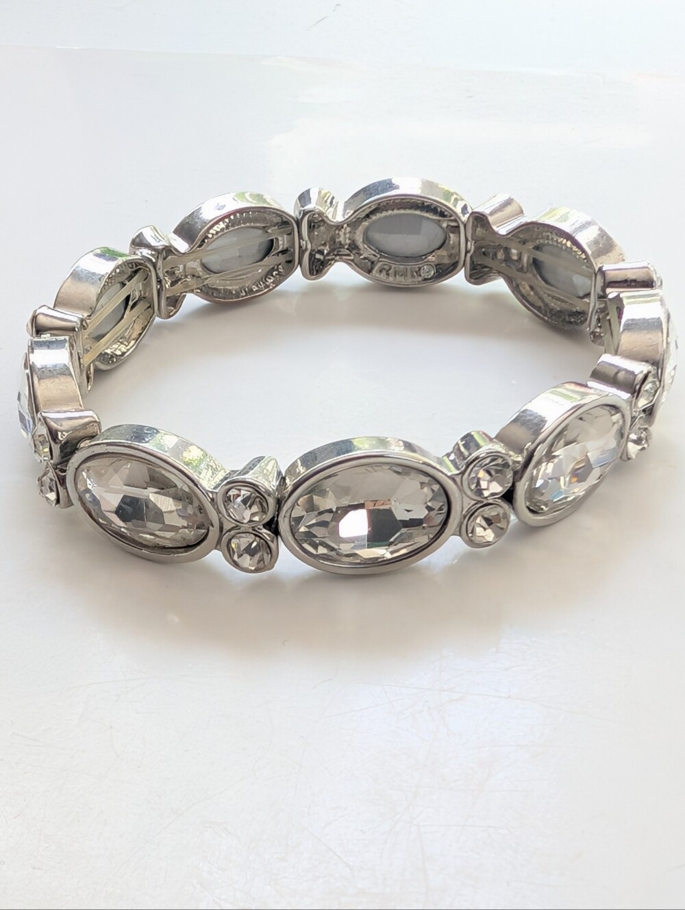 Vintage Signed Roman Silver Tone Glam Elegant Glass Rhinestone Stretch Bracelet